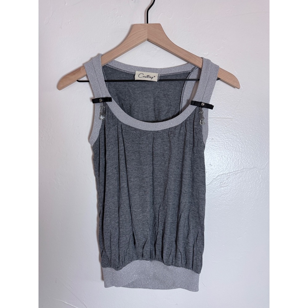 Casting Made in France Gray Viscose Tank Top Crystal Bow Metallic Y2K Euro